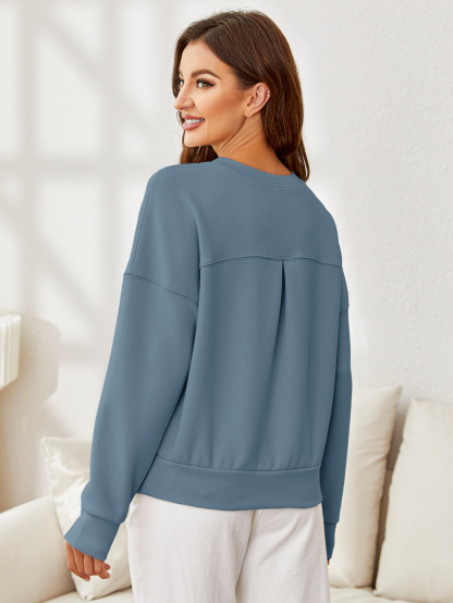 Solid Crewneck Long Sleeve Pullover Sweatshirt - Blue Grey