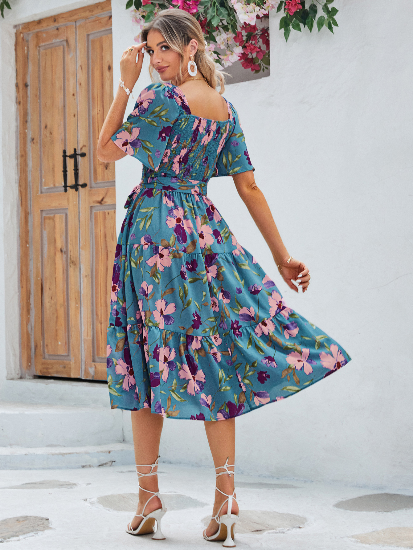 Floral Shirred Ruffle Sleeve Tie Waist Midi Dress - Blue