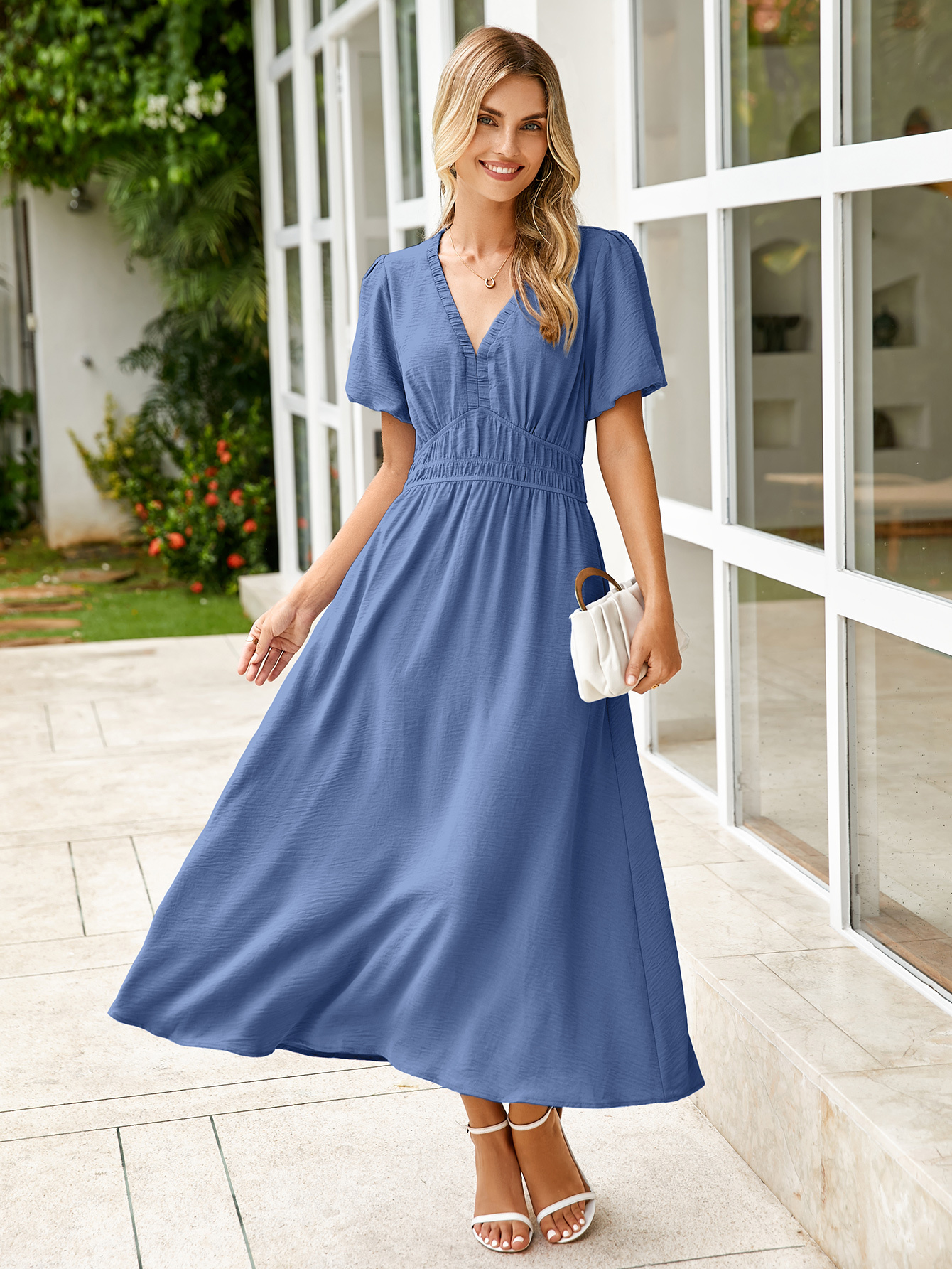 Boho Puff Sleeve Flowy Wedding Guest Maxi Dress - Blue