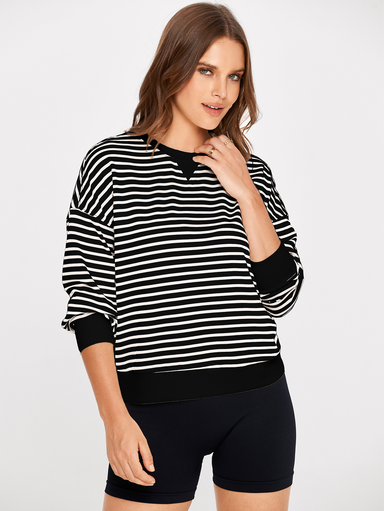 Classic Striped Crewneck Long Sleeve Crop Pullover