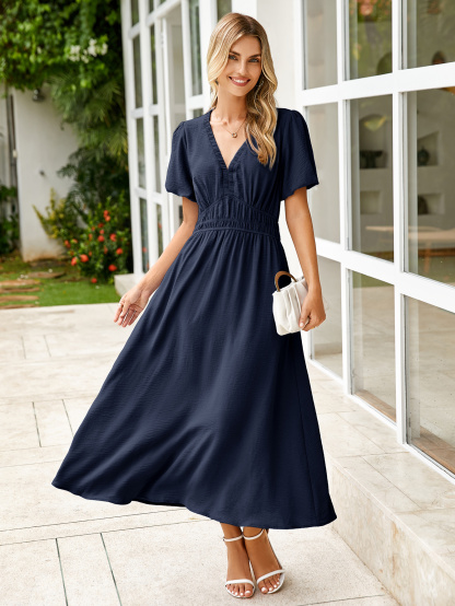 Boho Puff Sleeve Flowy Wedding Guest Maxi Dress - Navy Blue