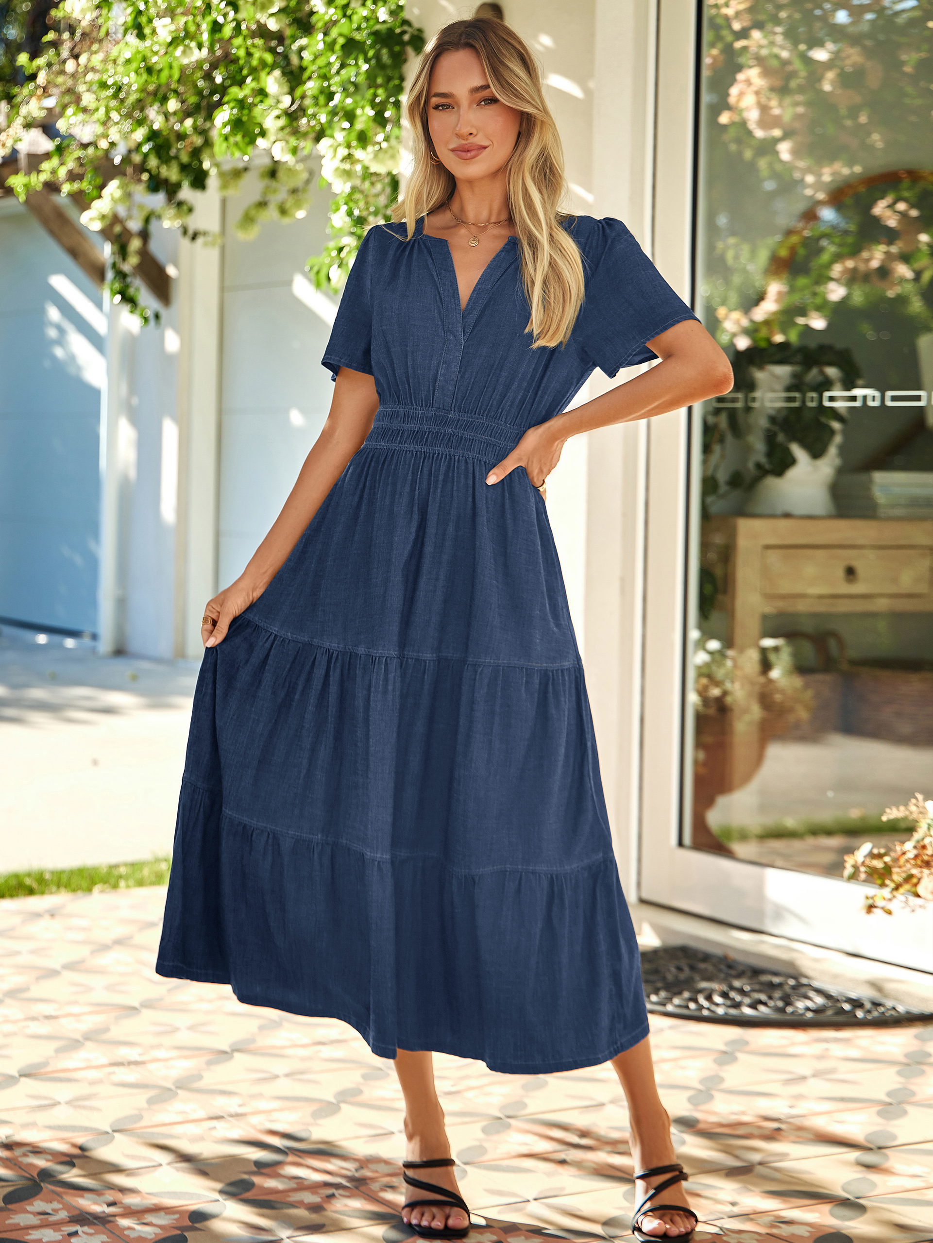 V Neck Smocked Waist Tiered Denim Maxi Dress - Denim Deep Blue
