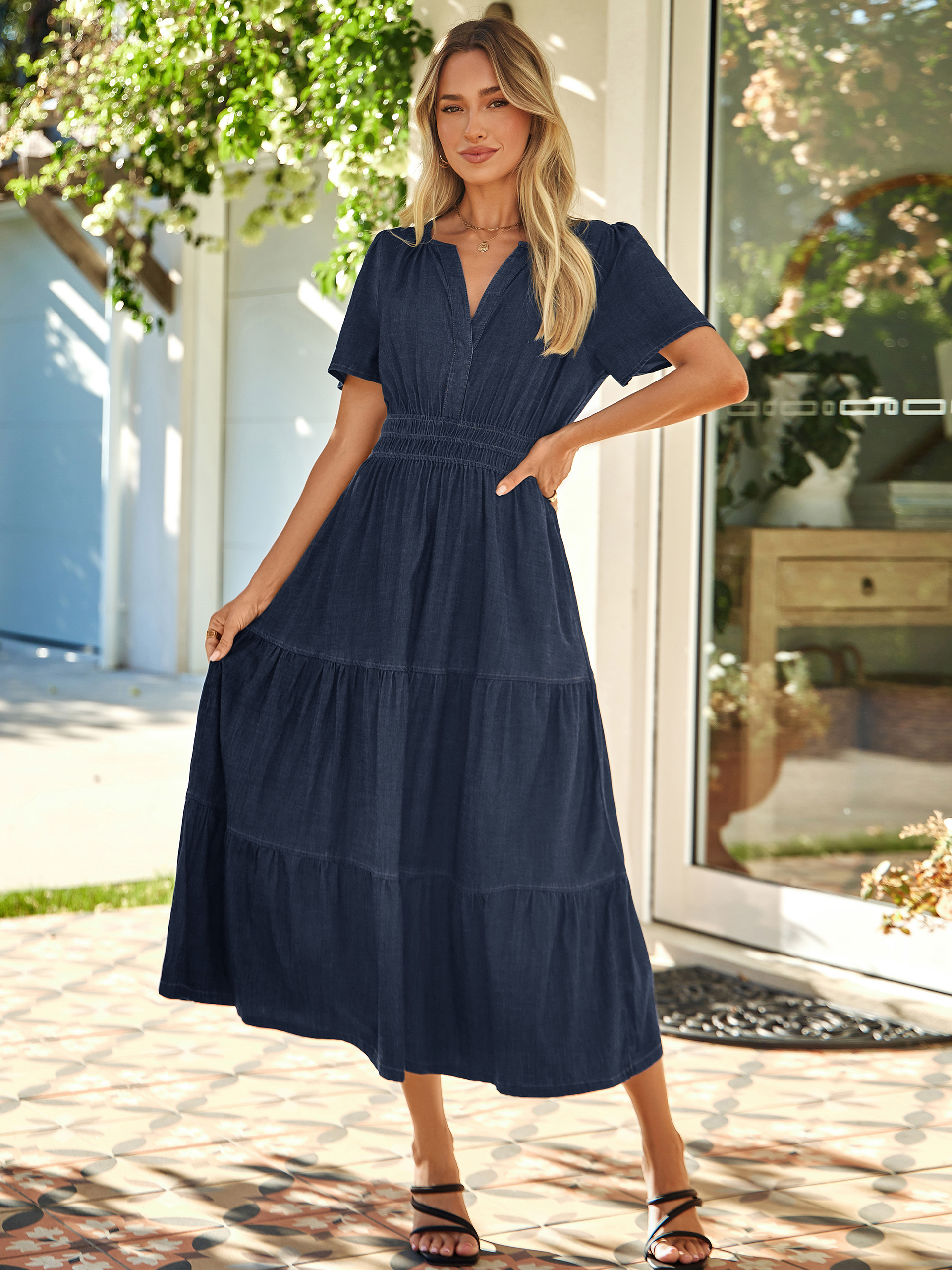 V Neck Smocked Waist Tiered Denim Maxi Dress - Denim Navy Blue