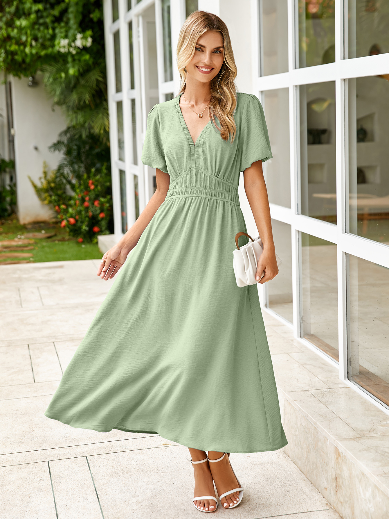 Boho Puff Sleeve Flowy Wedding Guest Maxi Dress - Glamaker