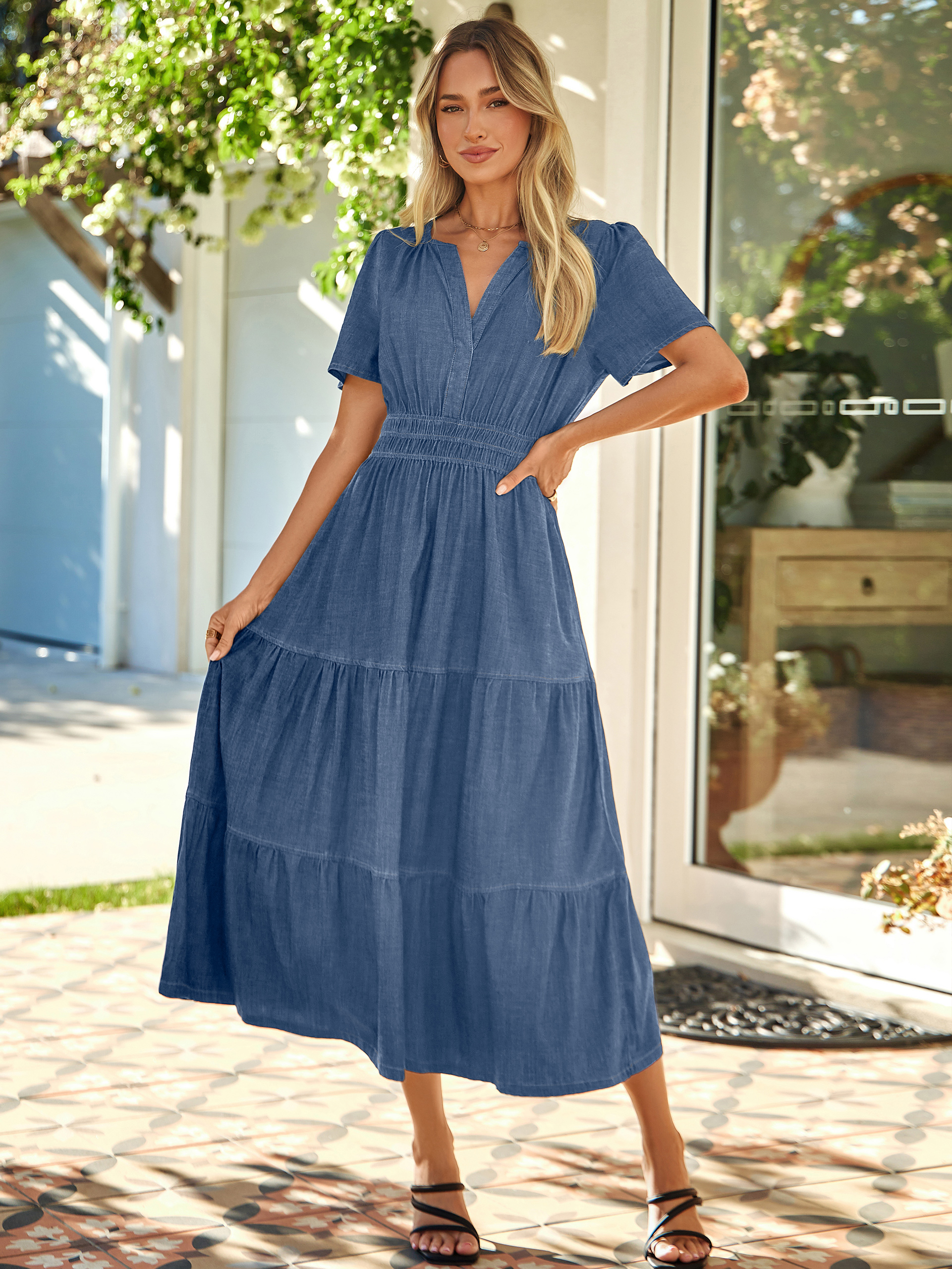 V Neck Smocked Waist Tiered Denim Maxi Dress - Denim Blue