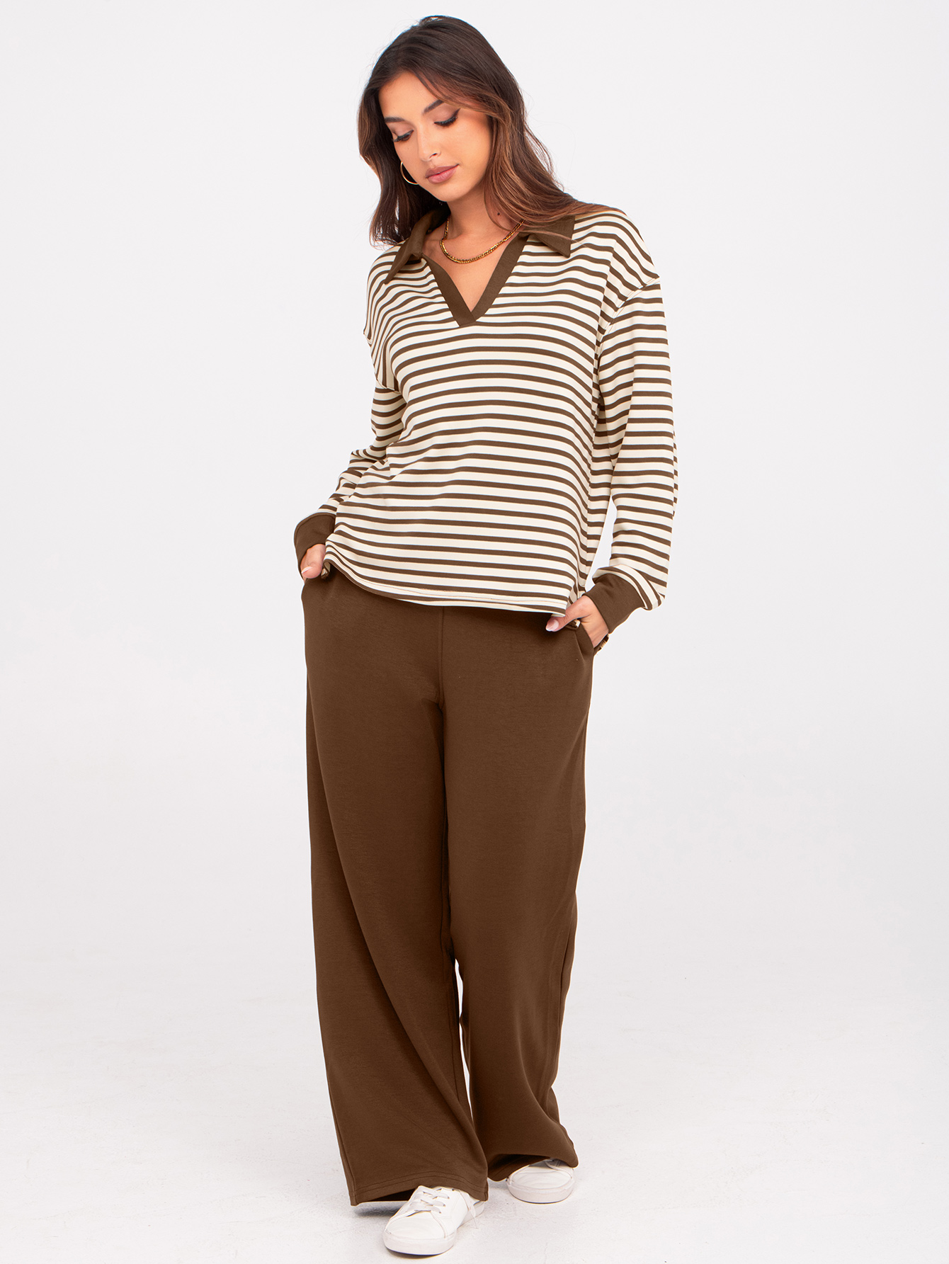 V-Neck Polo Striped Top Wide Leg Lounge Set