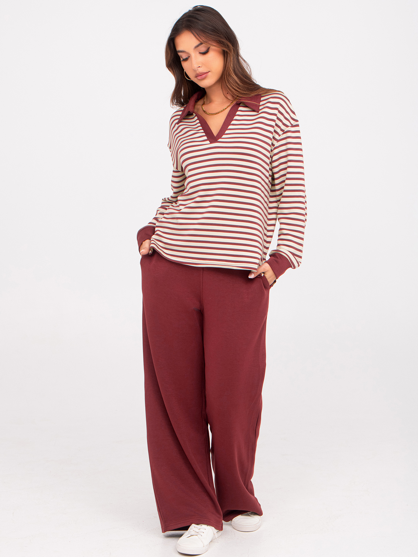 V-Neck Polo Striped Top Wide Leg Lounge Set