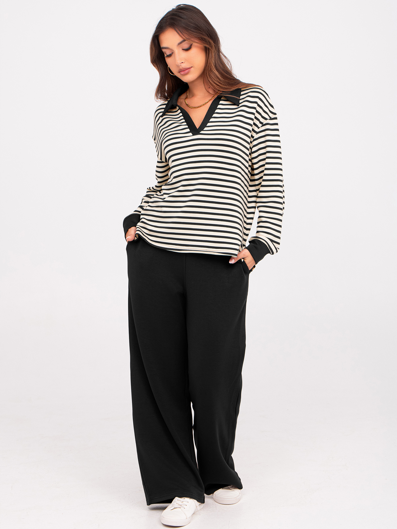 V-Neck Polo Striped Top Wide Leg Lounge Set