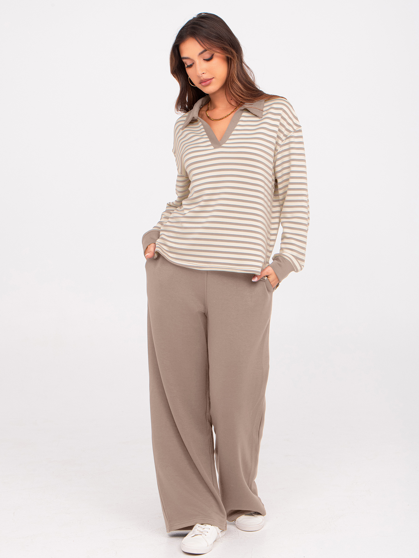 V-Neck Polo Striped Top Wide Leg Lounge Set
