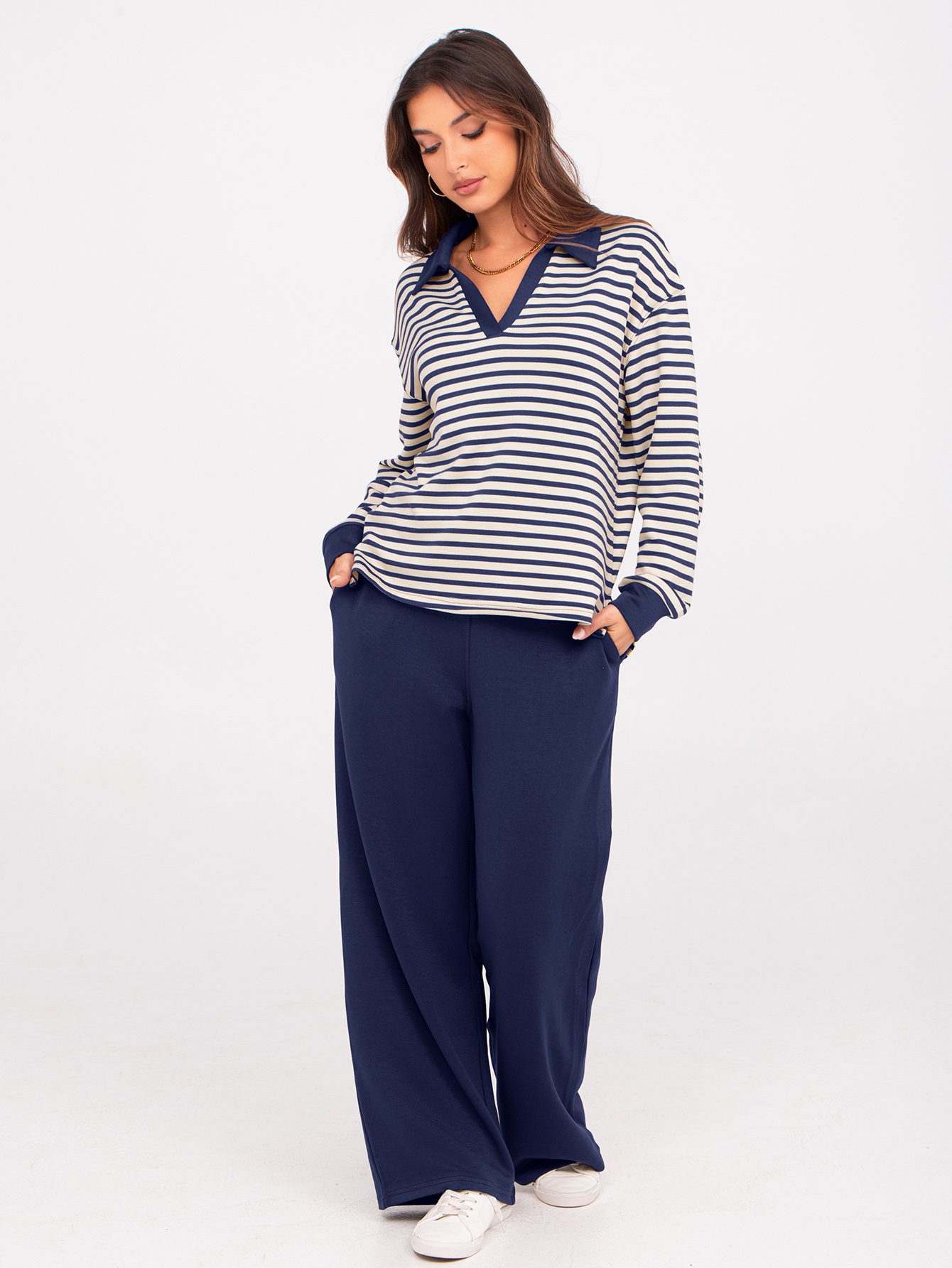 V-Neck Polo Striped Top Wide Leg Lounge Set