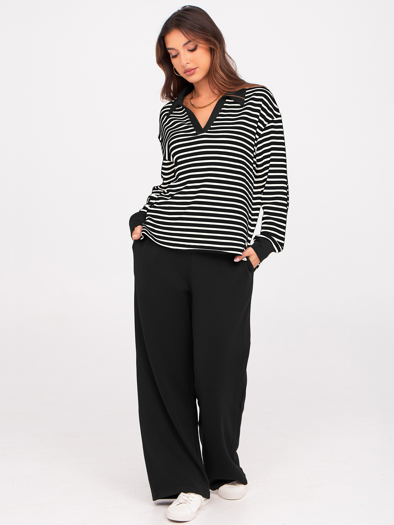 V-Neck Polo Striped Top Wide Leg Lounge Set