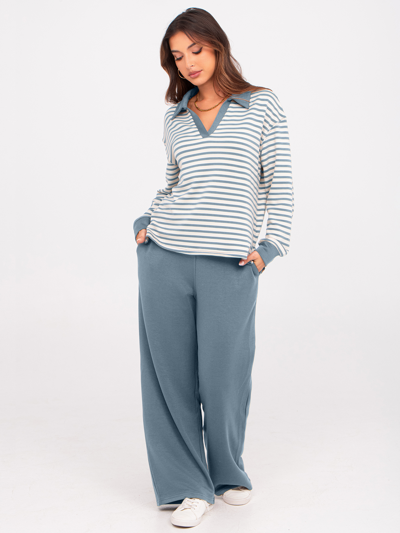 V-Neck Polo Striped Top Wide Leg Lounge Set