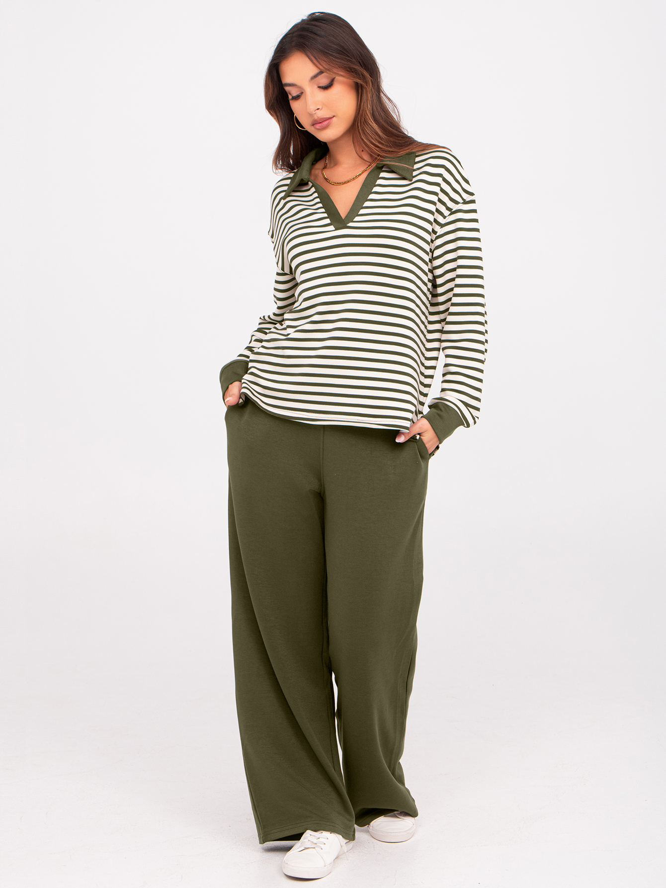 V-Neck Polo Striped Top Wide Leg Lounge Set