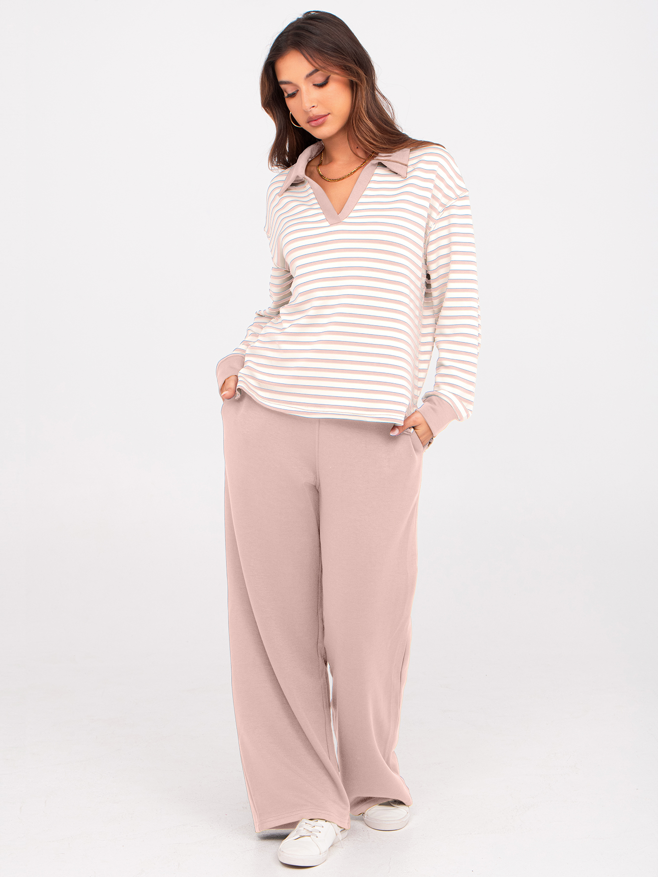 V-Neck Polo Striped Top Wide Leg Lounge Set