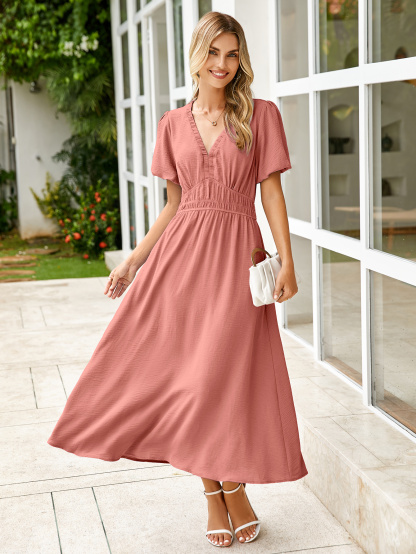 Boho Puff Sleeve Flowy Wedding Guest Maxi Dress - Rust Red