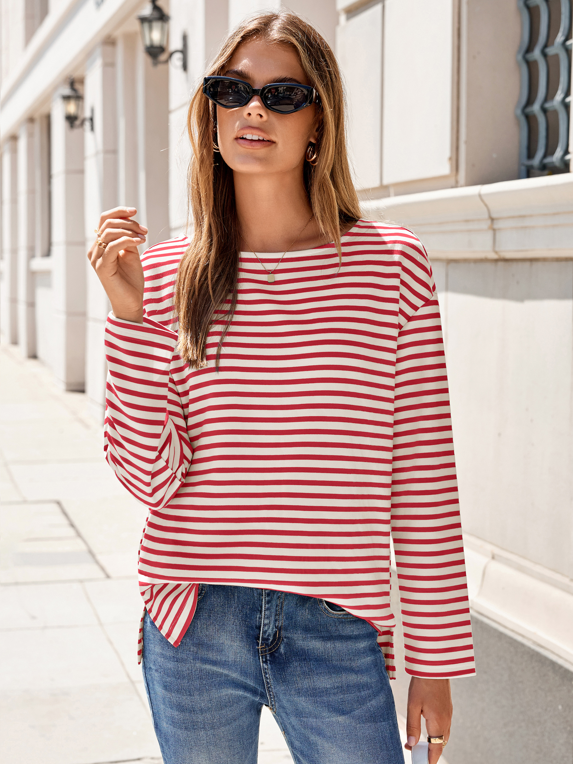 Boat Neck Striped Long Sleeve Tops - Red White