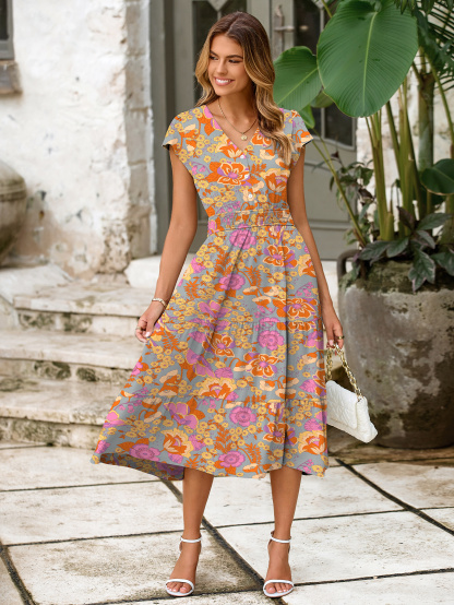 Boho Floral Flutter Sleeve Smocked Midi Dress - Orange Floral