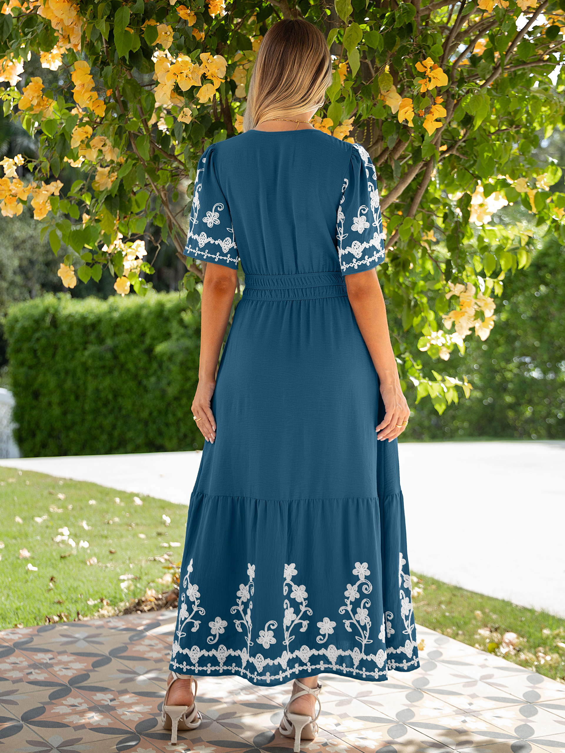 Floral Embroidery V-Neck A-Line Maxi Dress