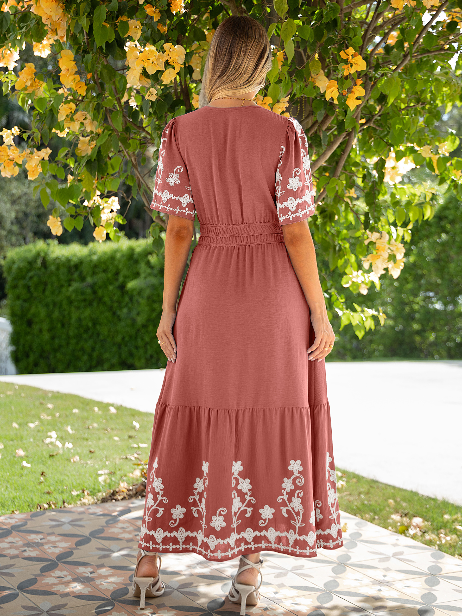 Floral Embroidery V-Neck A-Line Maxi Dress