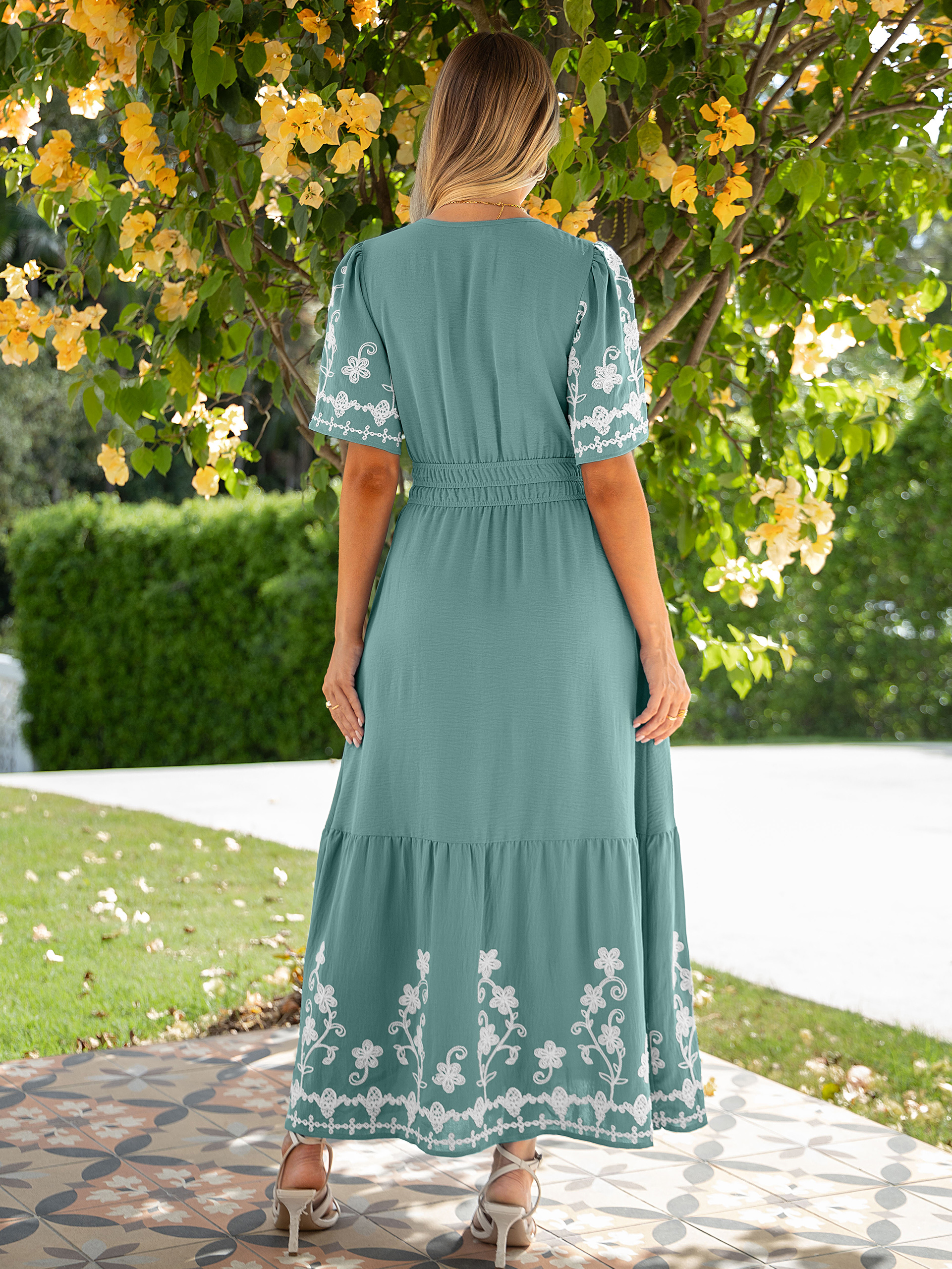 Floral Embroidery V-Neck A-Line Maxi Dress