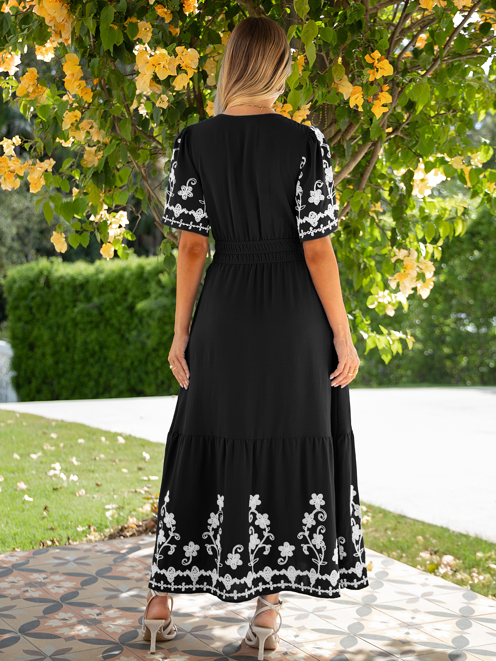Floral Embroidery V-Neck A-Line Maxi Dress