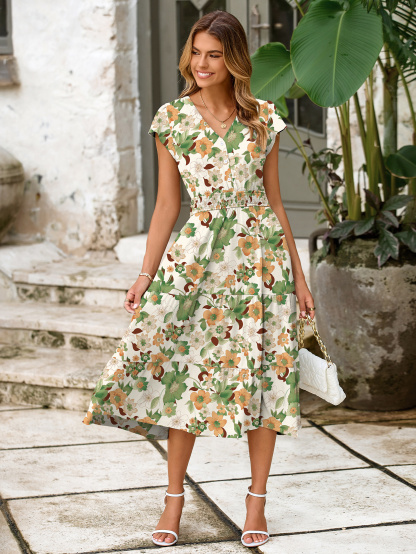 Boho Floral Flutter Sleeve Smocked Midi Dress - Orange Green