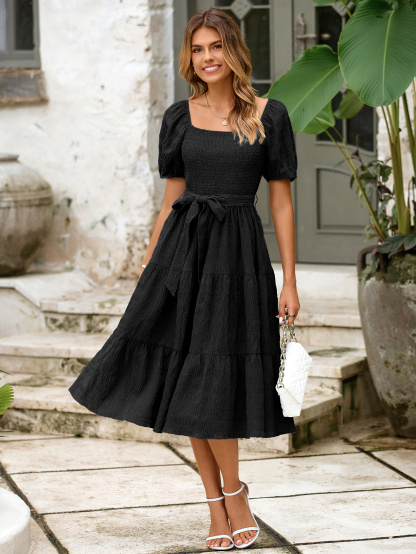 Puff Sleeve Square Neck Boho Maxi Dress - Black