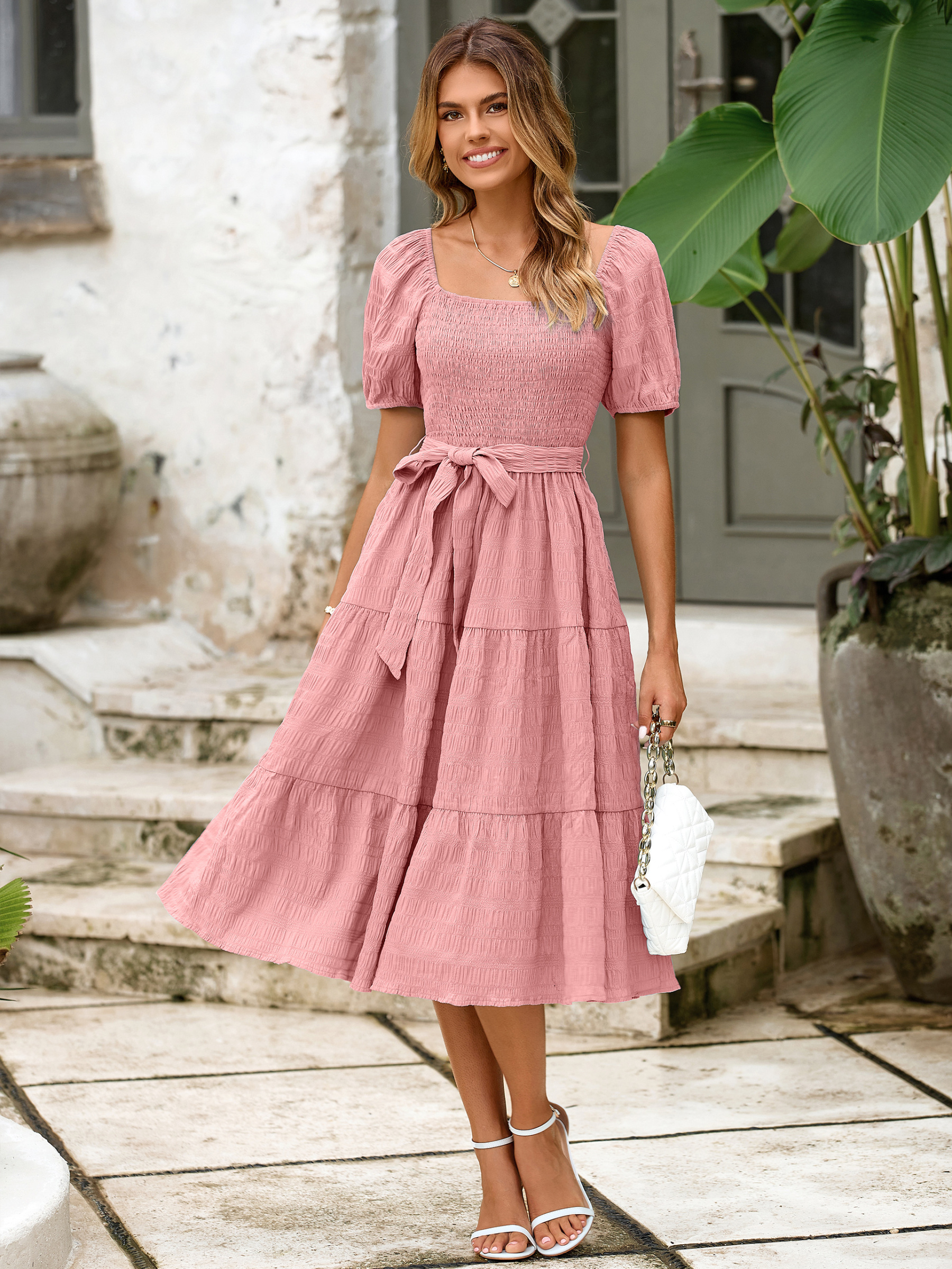 Puff Sleeve Square Neck Boho Maxi Dress - Pink