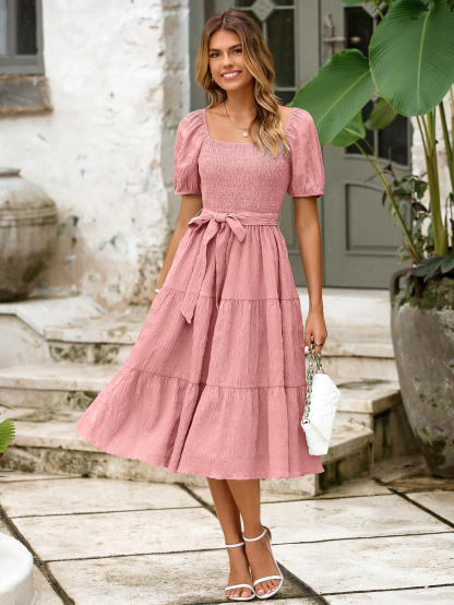 Puff Sleeve Square Neck Boho Maxi Dress - Pink