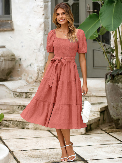 Puff Sleeve Square Neck Boho Maxi Dress - Rose Red