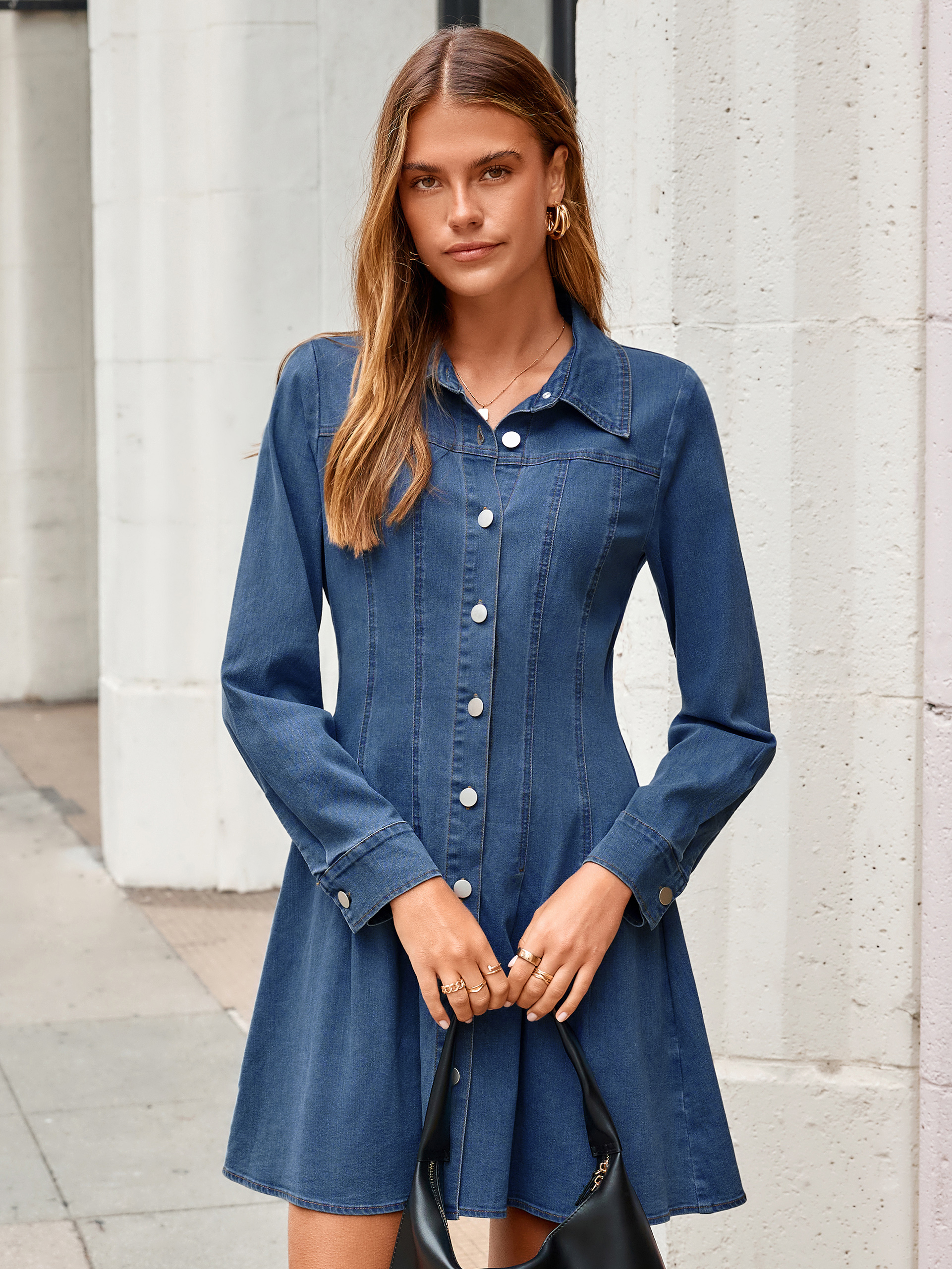 Button Front Stretch Denim Mini Shirt Dress