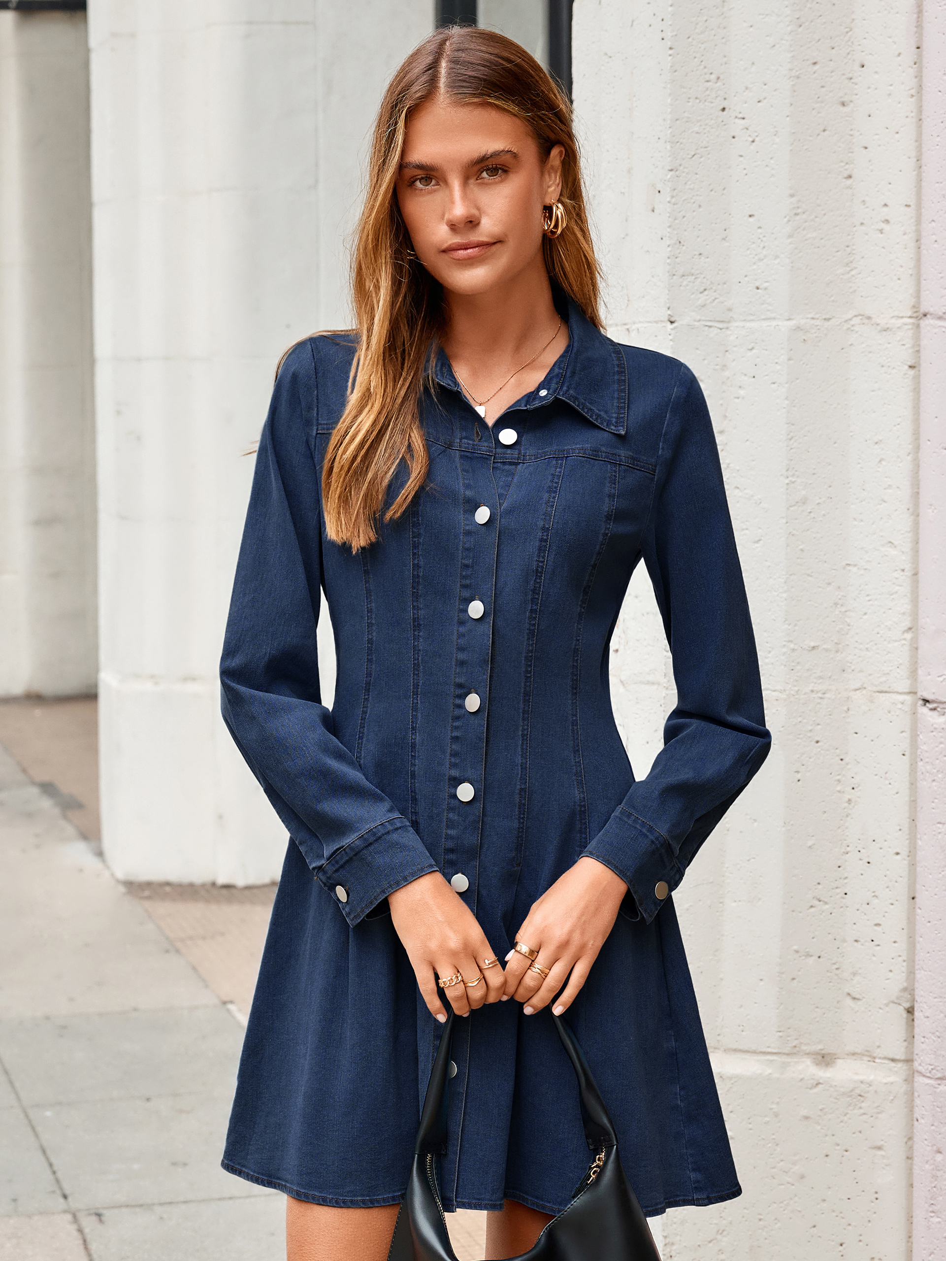 Button Front Stretch Denim Mini Shirt Dress