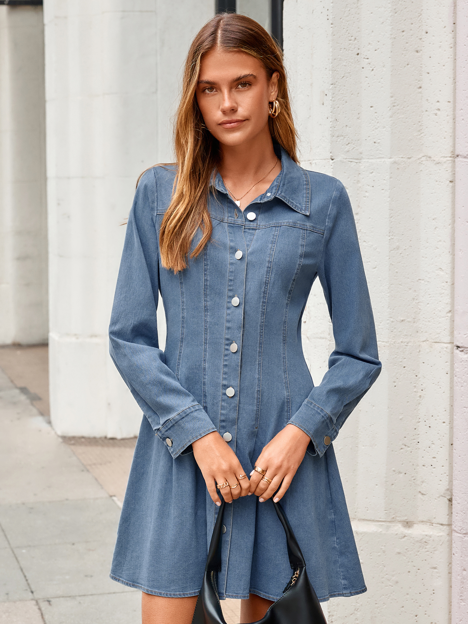 Button Front Stretch Denim Mini Shirt Dress