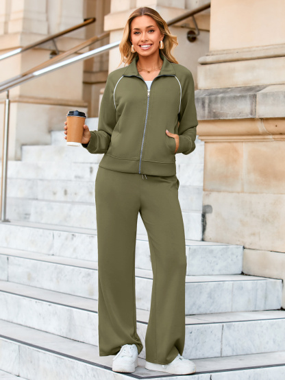 Side Stripe Zip Up Mock Neck Jogger Tracksuit - Army Green