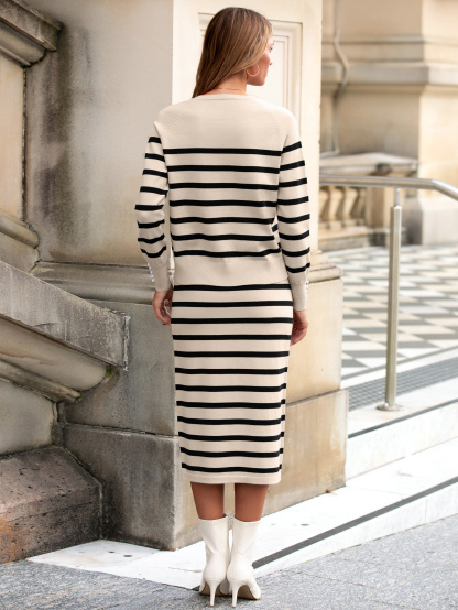 Striped Knit Sweater Skirt Two Piece Set - Beige Black
