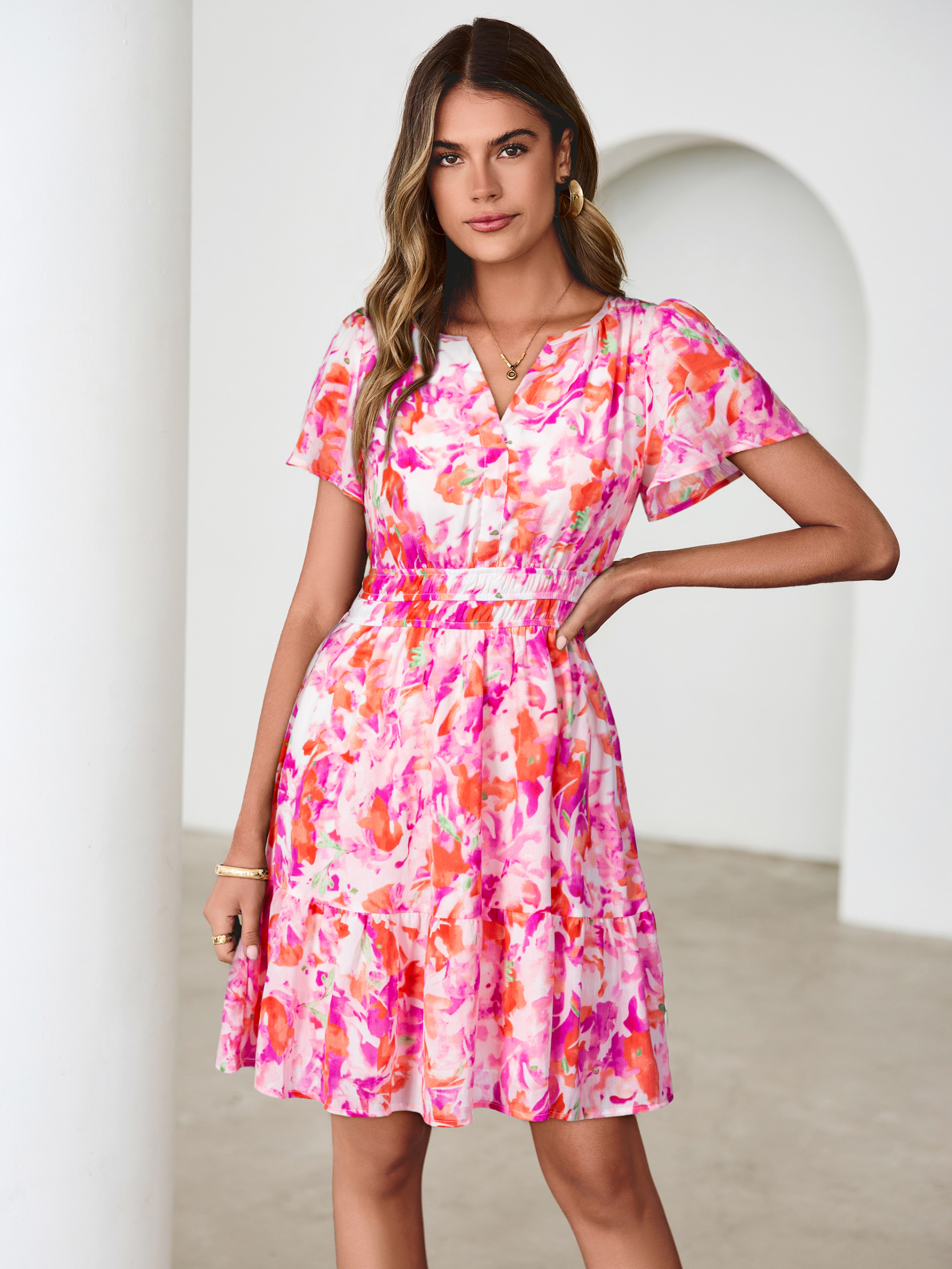 Floral V-Neck Lined Ruffle Tiered Mini Dress - Pink Orange Floral