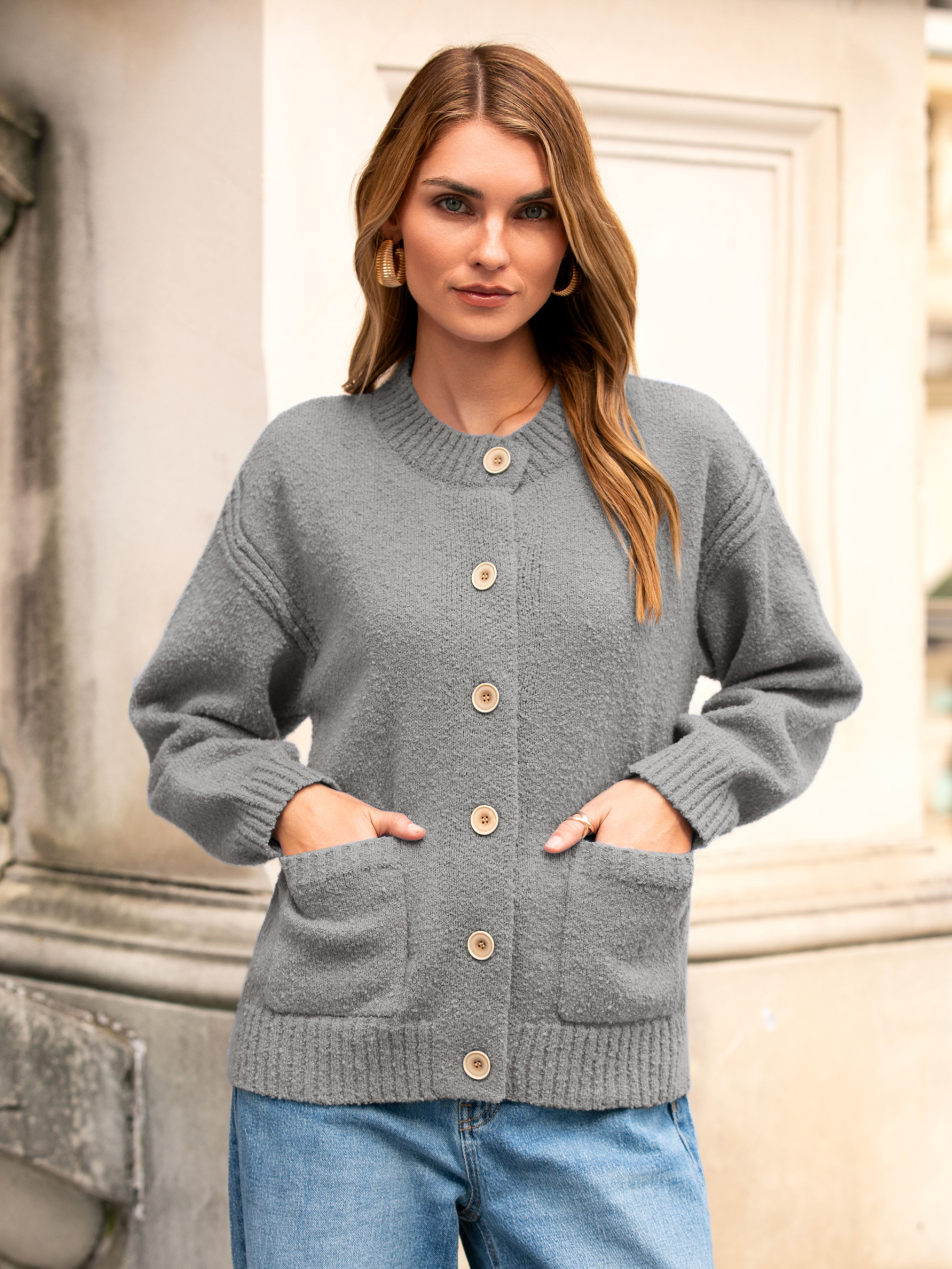 Chunky Button Up Crew Neck Fall Cardigans Sweaters