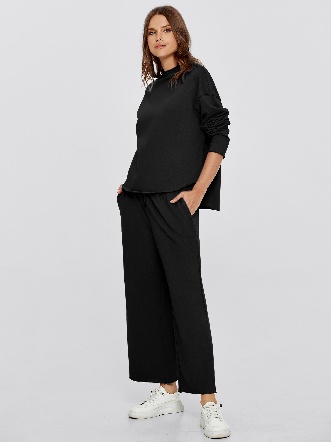 Mock Neck Pullover with Wide Leg Pants Set