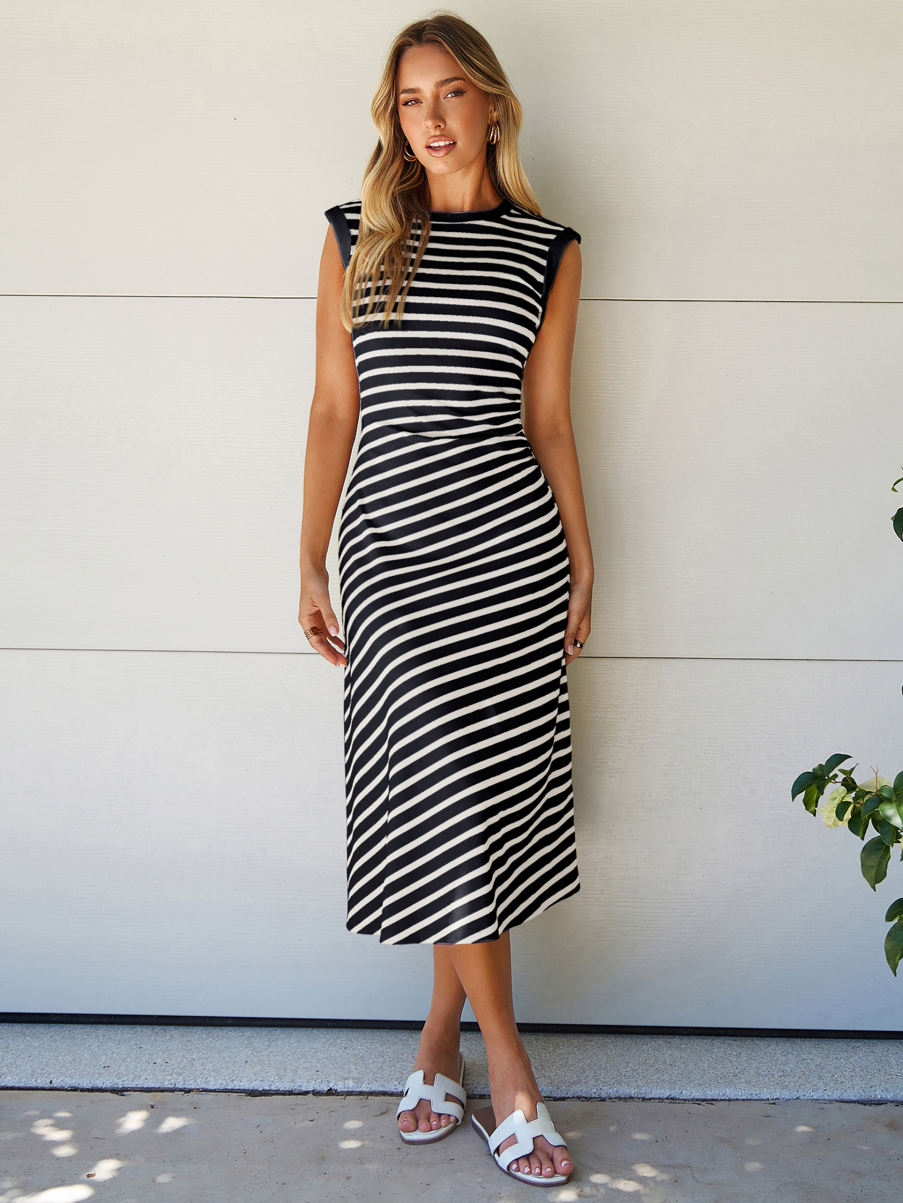 Striped Sleeveless Crew Neck A-Line Midi Dress
