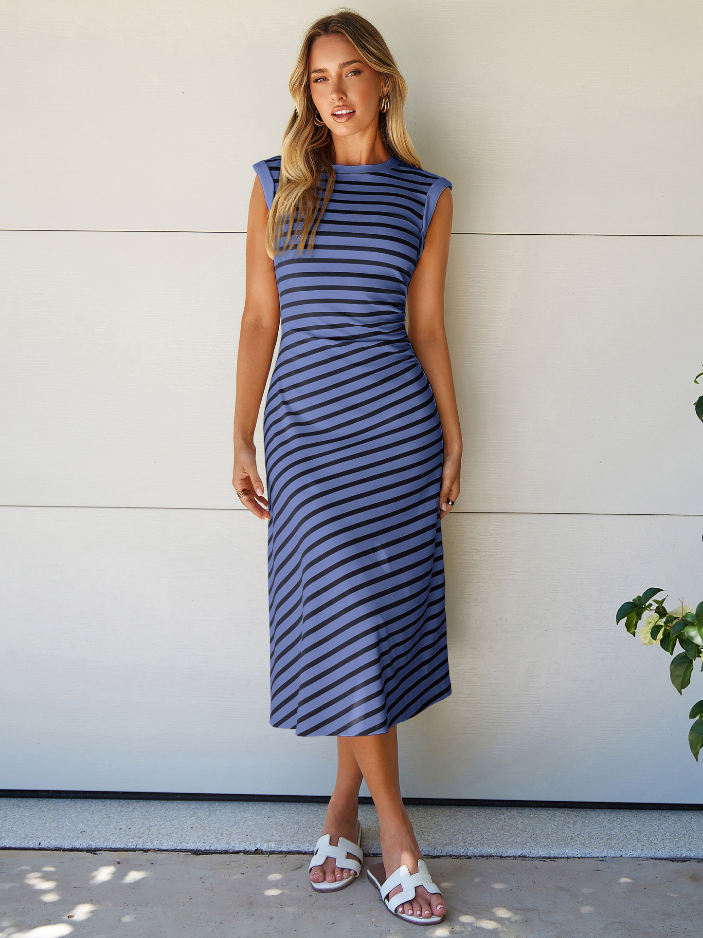 Striped Sleeveless Crew Neck A-Line Midi Dress