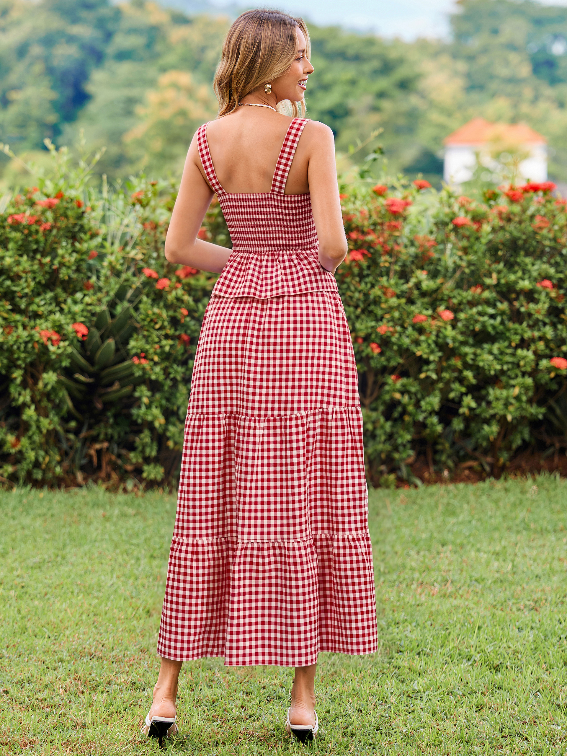 Gingham Smocked Tank Top and Maxi Skirt Set