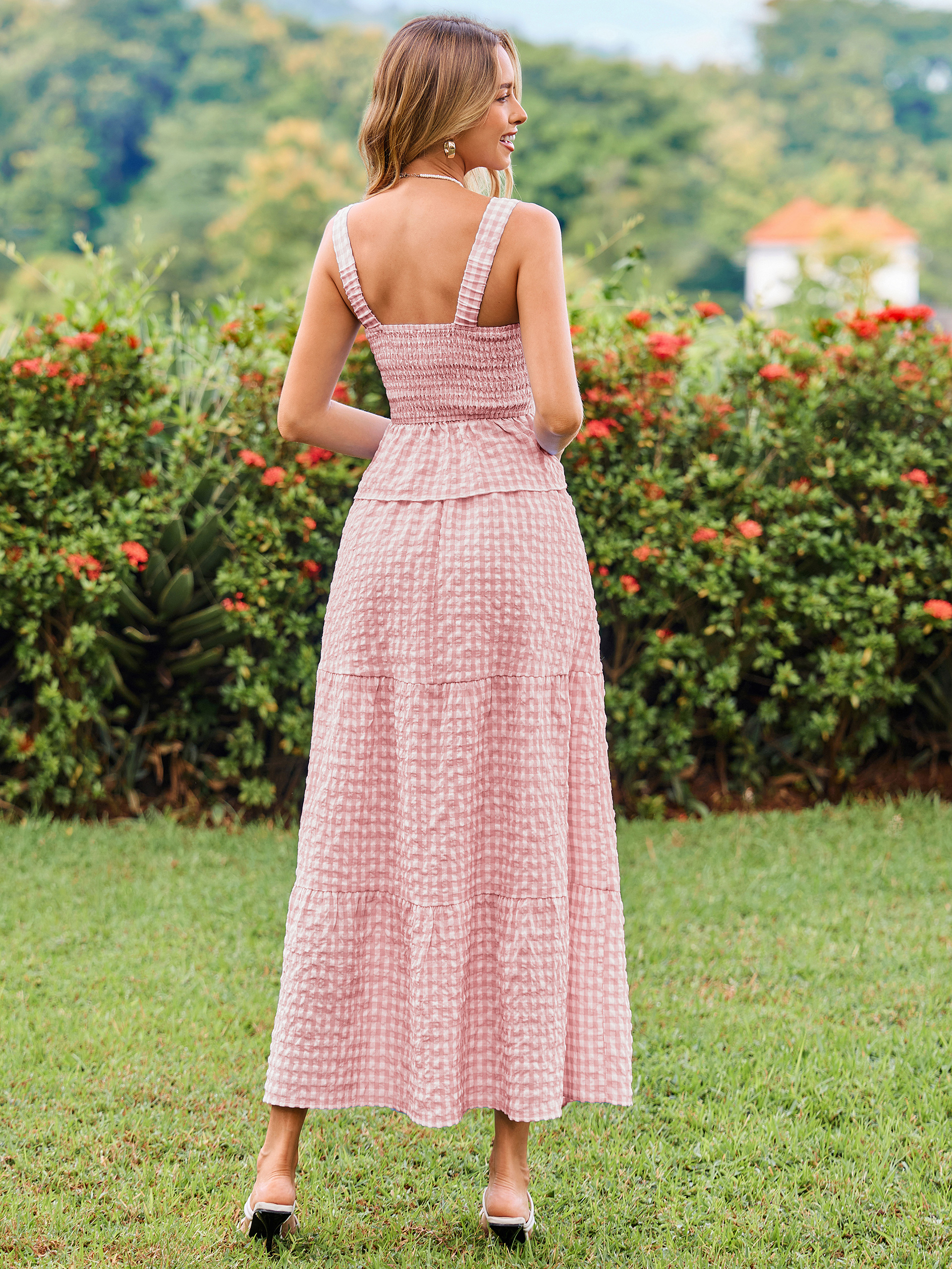 Gingham Smocked Tank Top and Maxi Skirt Set