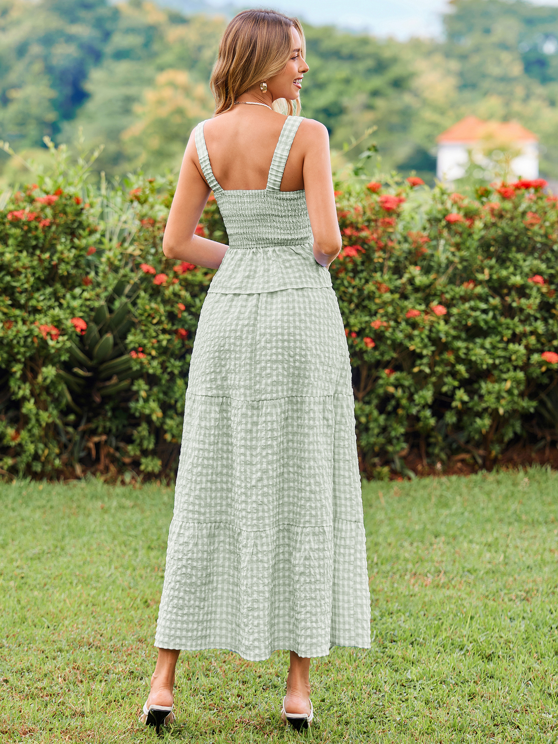 Gingham Smocked Tank Top and Maxi Skirt Set