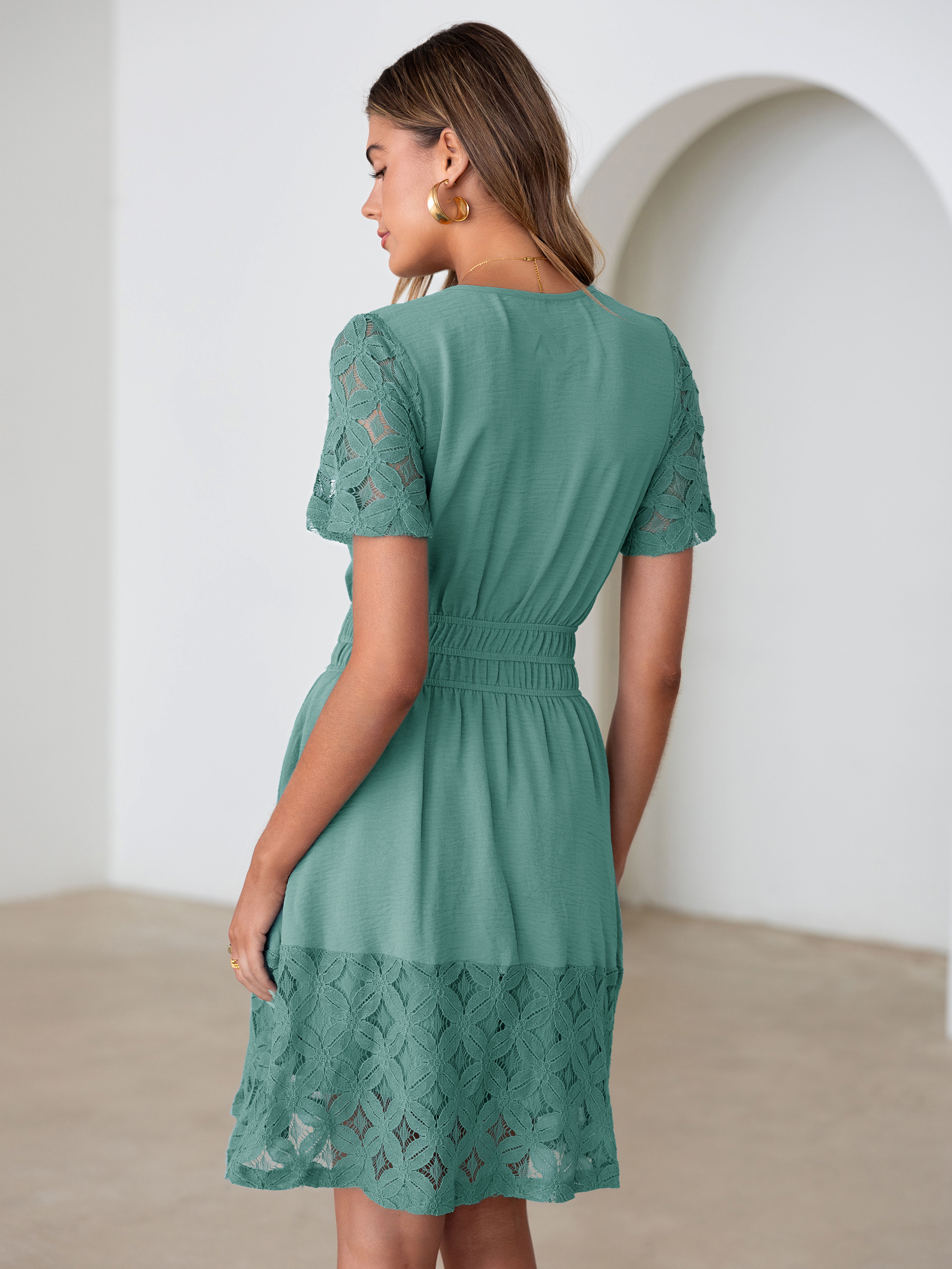 V Neck Crochet Lace Smocked Waist Mini Dress