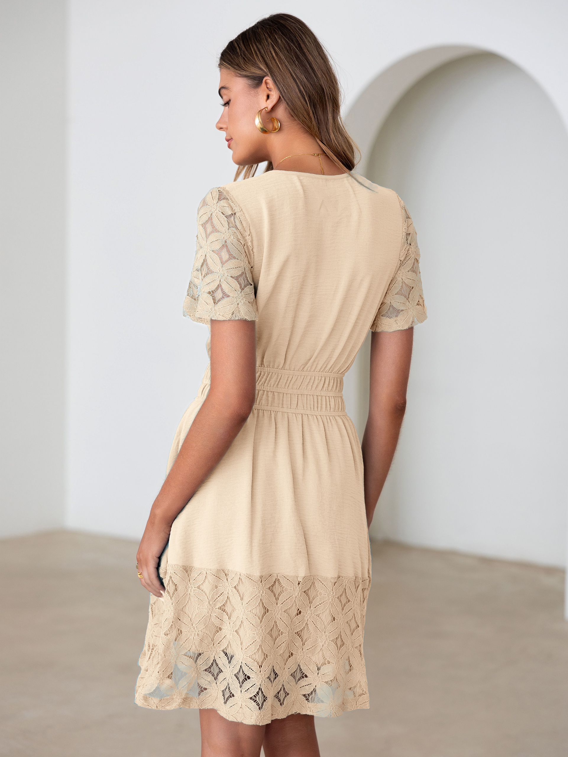 V Neck Crochet Lace Smocked Waist Mini Dress