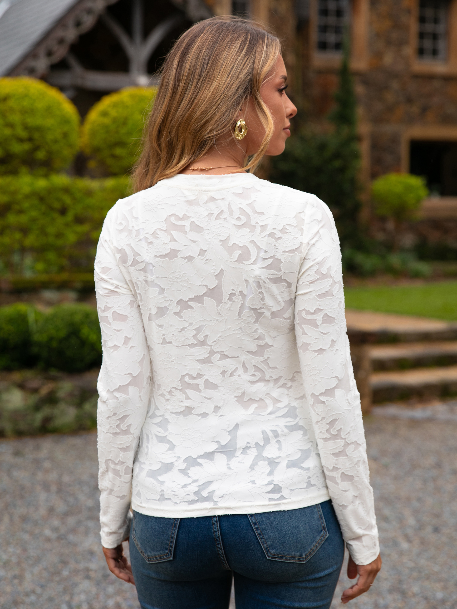 Sheer Lace Mesh Long Sleeve Floral Top - White