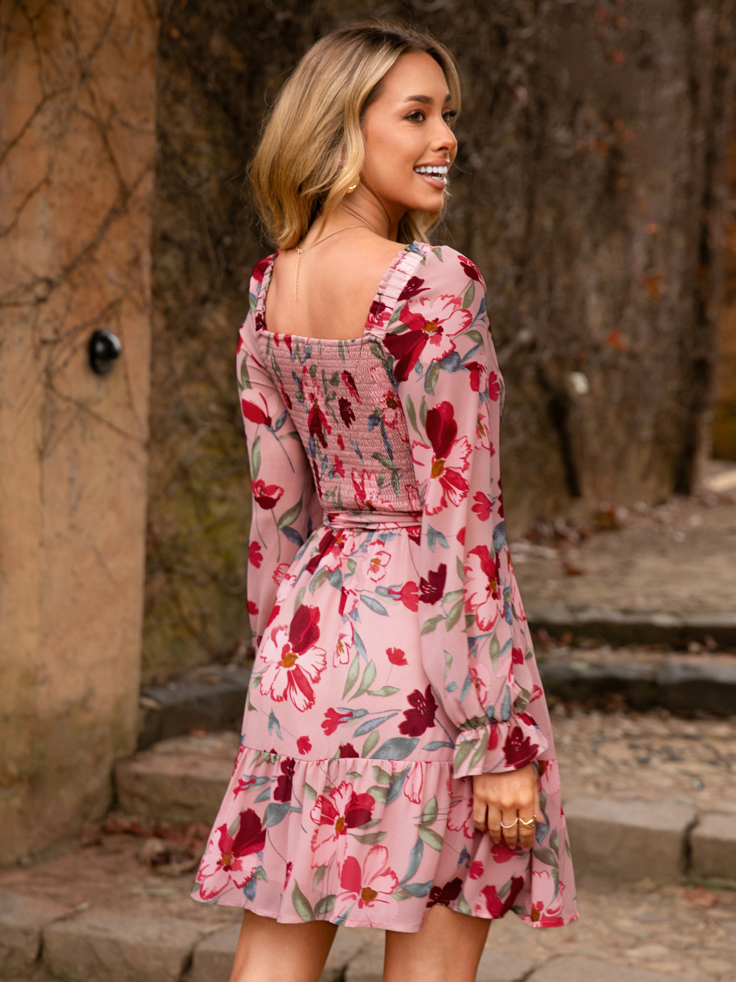 Boho Floral Chiffon Smocked Mini Dress - Pink Floral