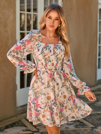 Boho Floral Chiffon Smocked Mini Dress - Light Green Floral