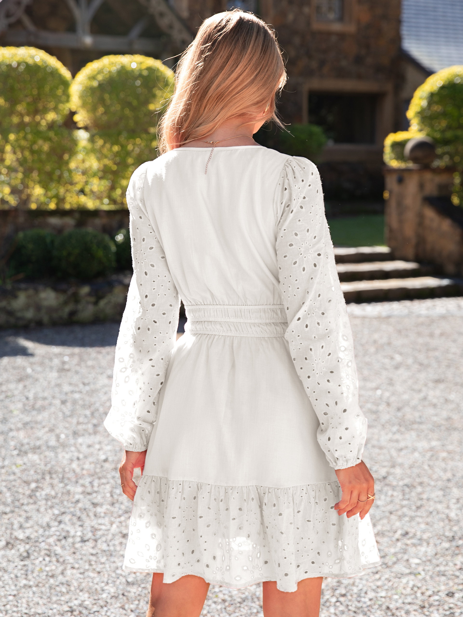 Eyelet V Neck Long Sleeve A Line Mini Dress - White