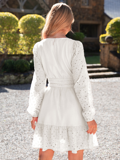 Eyelet V Neck Long Sleeve A Line Mini Dress - White